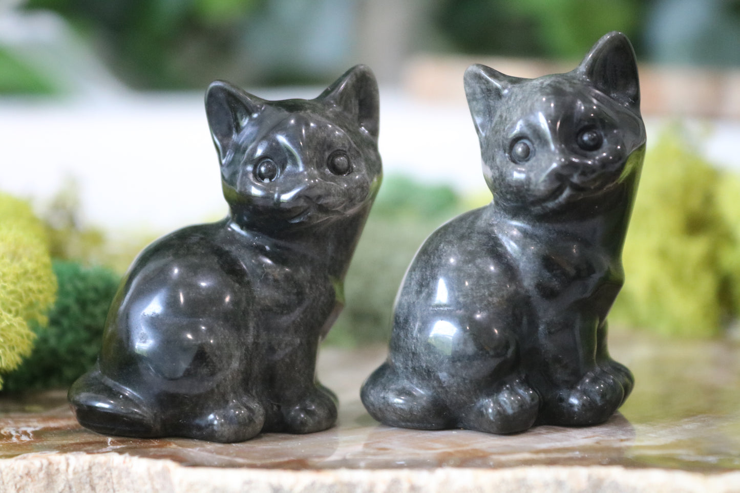 Silver Sheen Obsidian Cat Carvings