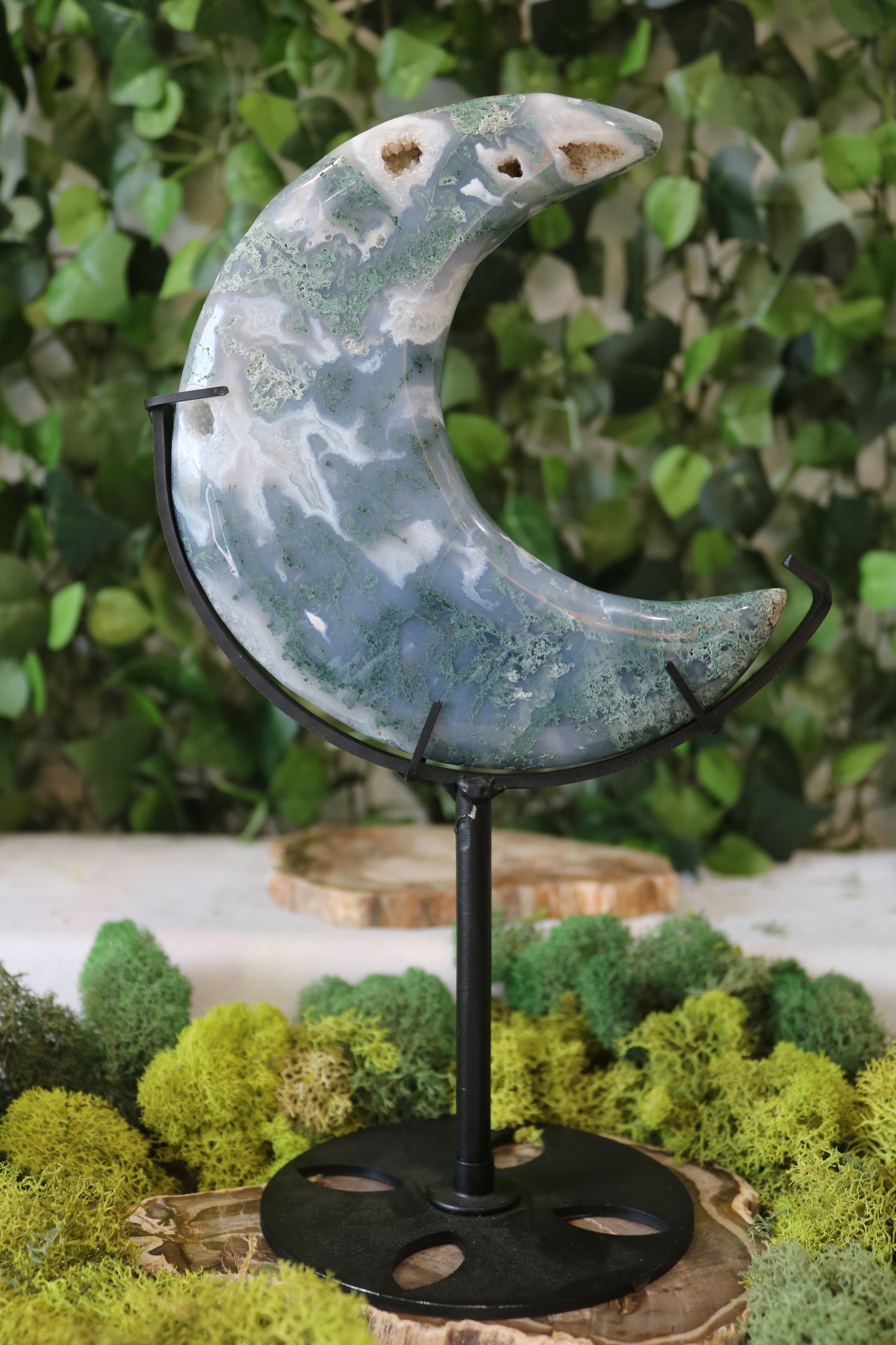 Moss Agate Moons (with stands)