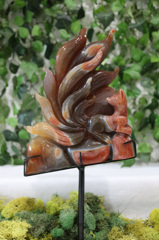 Carnelian Nine Tailed Fox Carving (on stand)